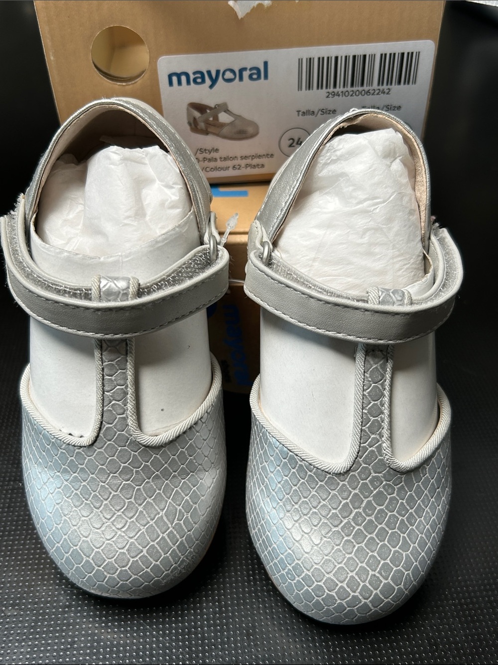 Mayoral Metallic Silver Mary Jane’s . New in box! Euro size 24. 7.5 US. NWT